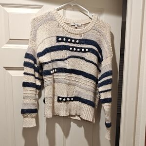 Madewell Cream and Navy Striped Sweater with Pearl Details